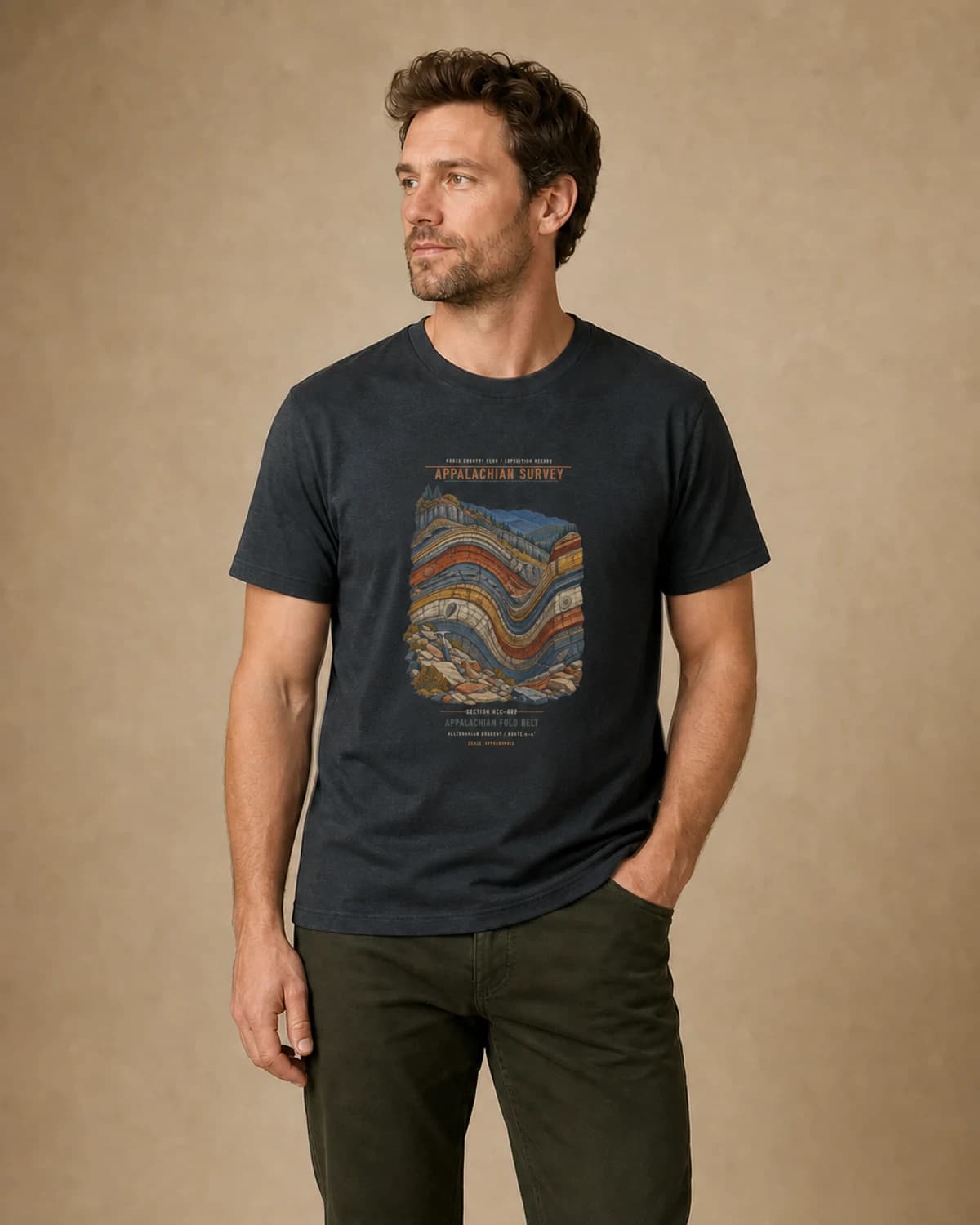 Adult wearing the Appalachian Survey tee in Dark Grey