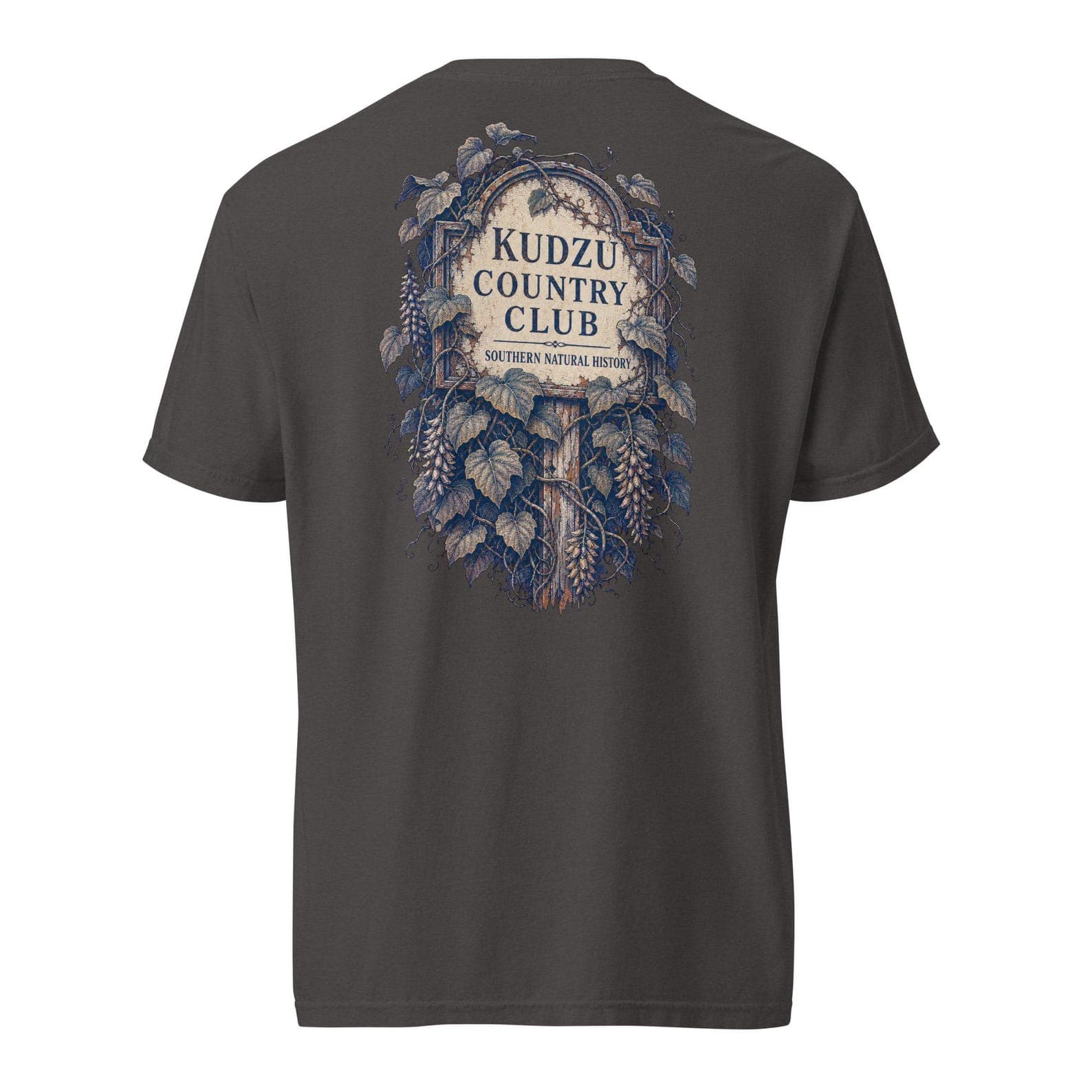 Kudzu Country Club shirt in Graphite with the overgrown sign back print