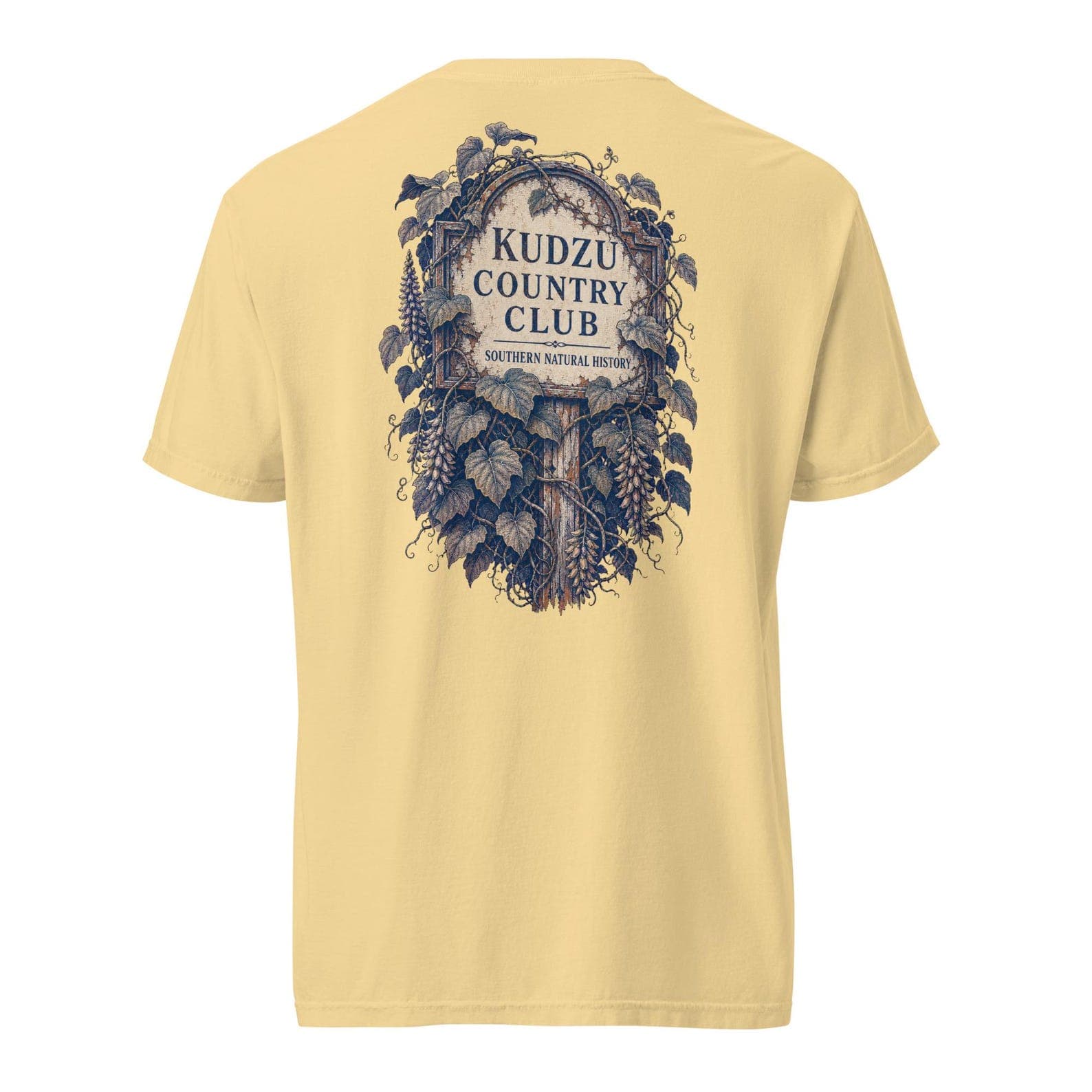 Kudzu Country Club shirt in Butter with the overgrown sign back print