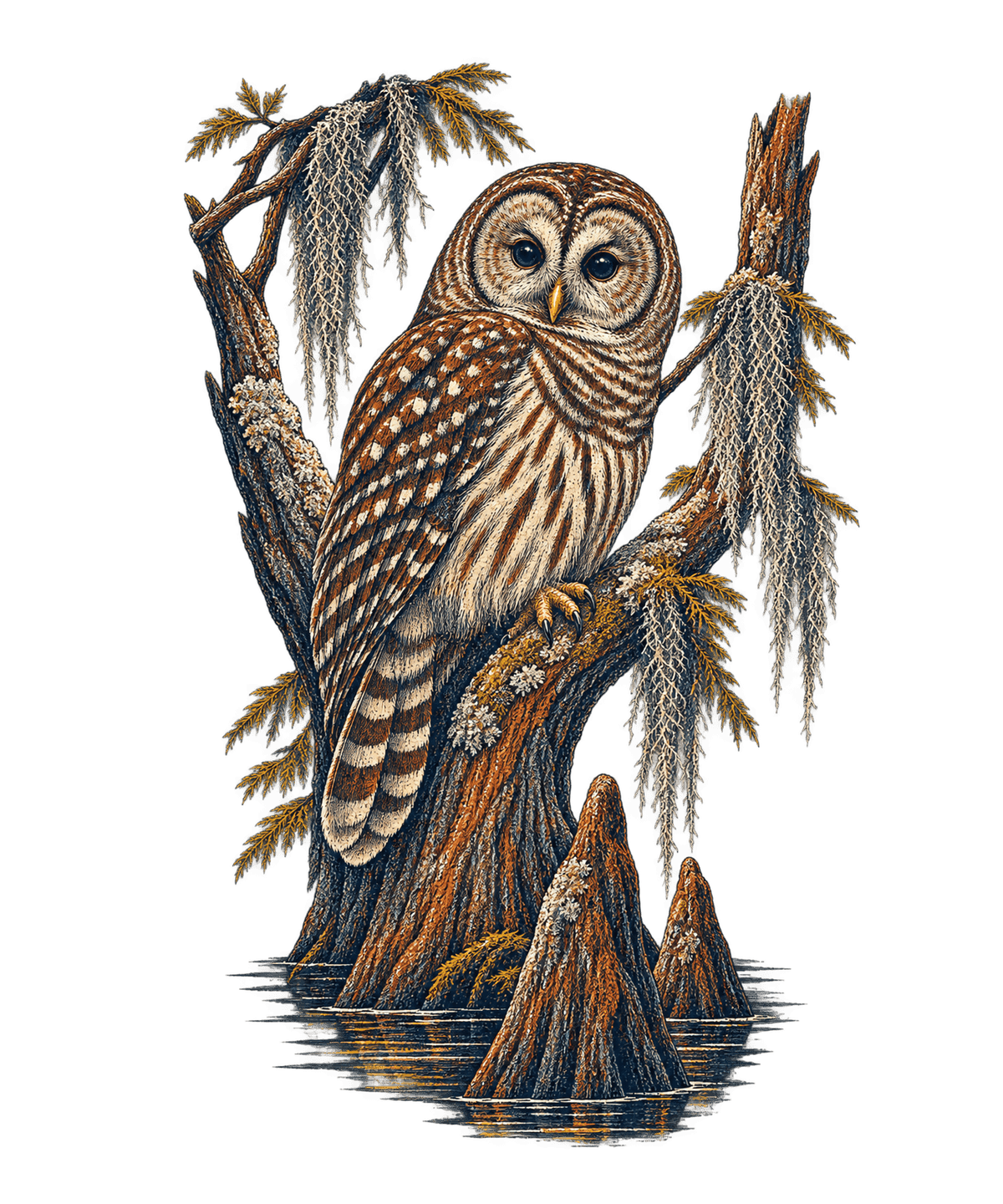 Barred owl perched in a bald-cypress fork