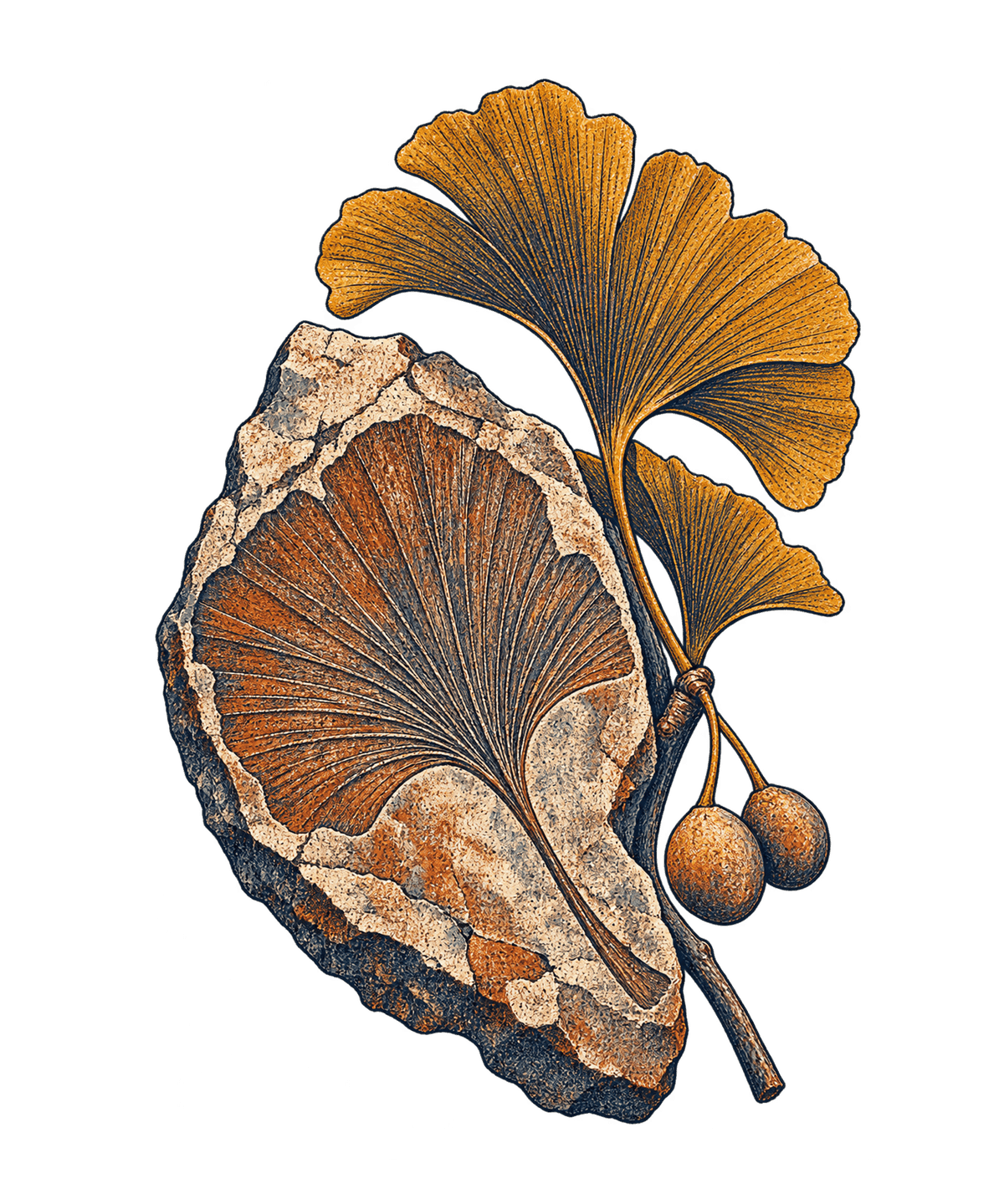 Fossil ginkgo leaf in stone with a living ginkgo branch