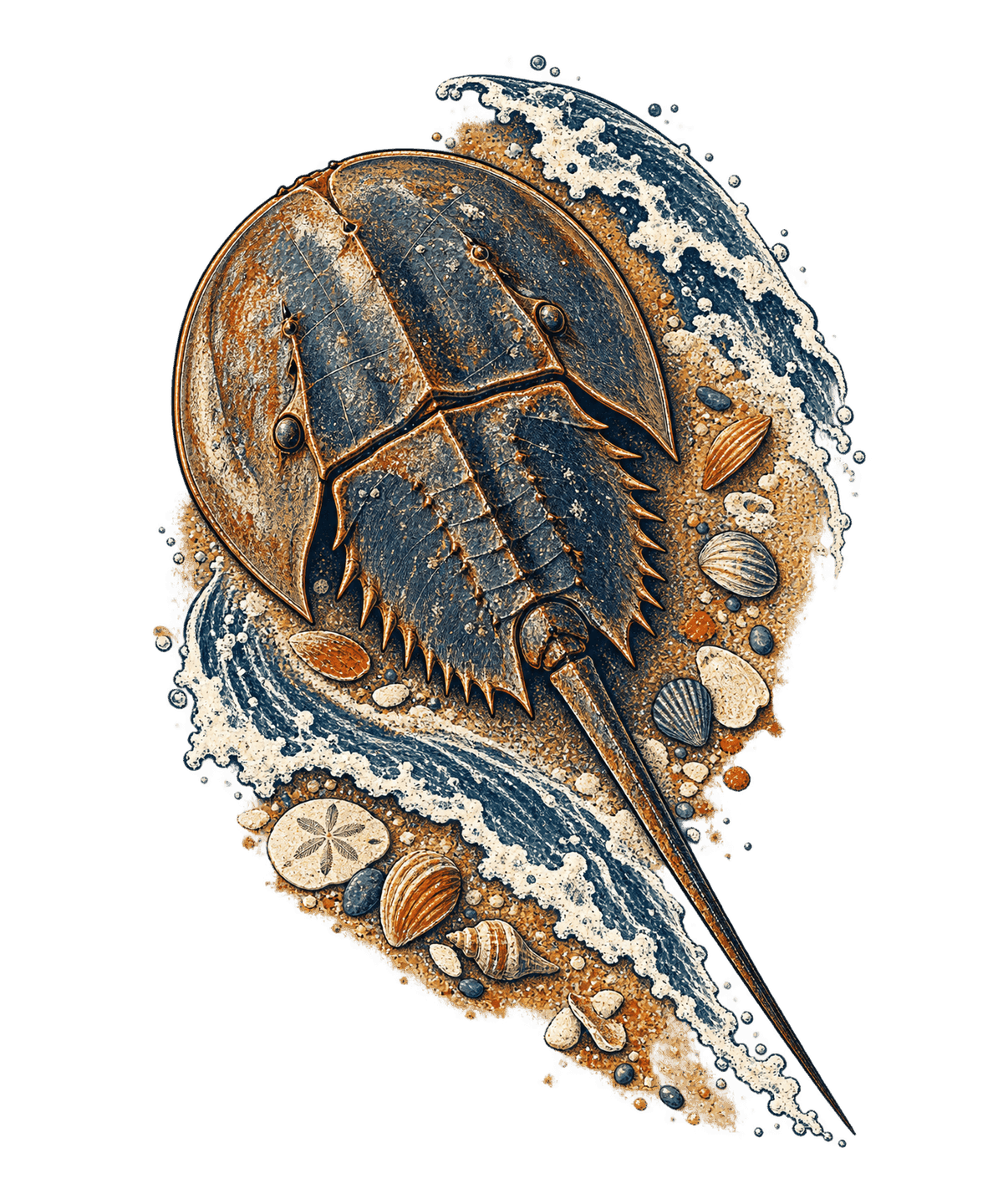 Atlantic horseshoe crab crossing a crescent of wet sand