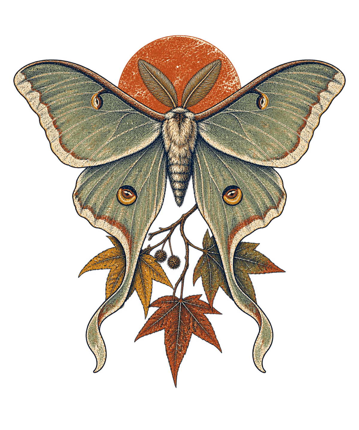 Luna moth with open wings above sweetgum leaves