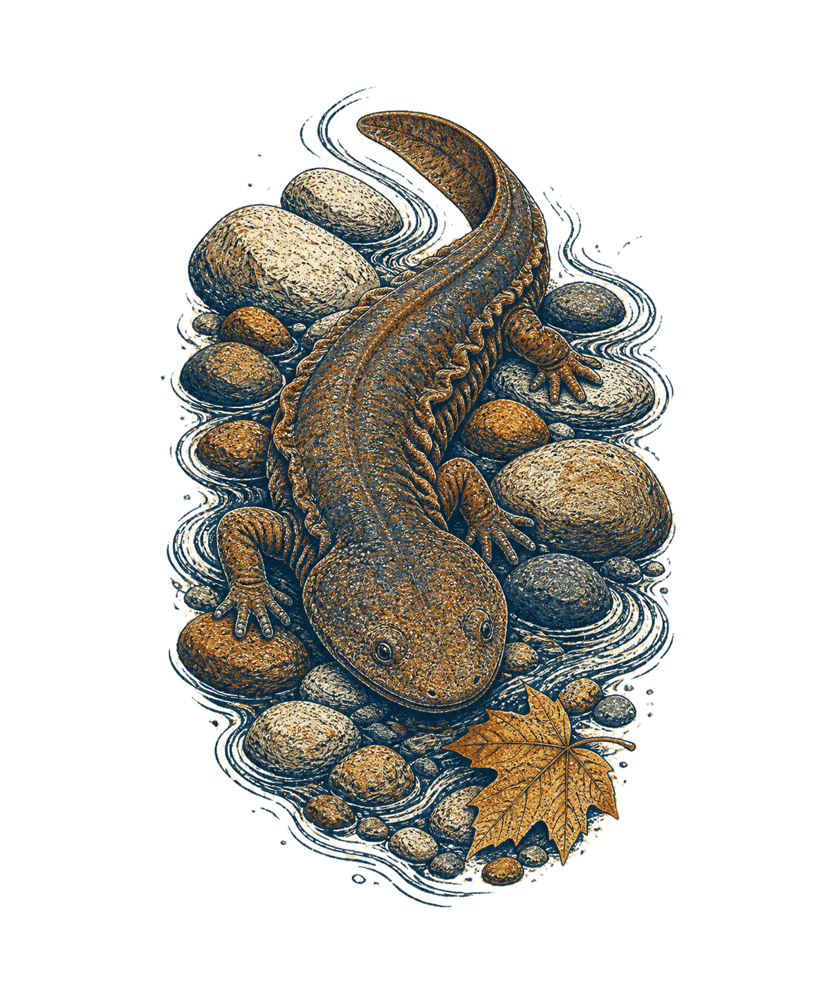 Eastern hellbender moving among rounded stream stones