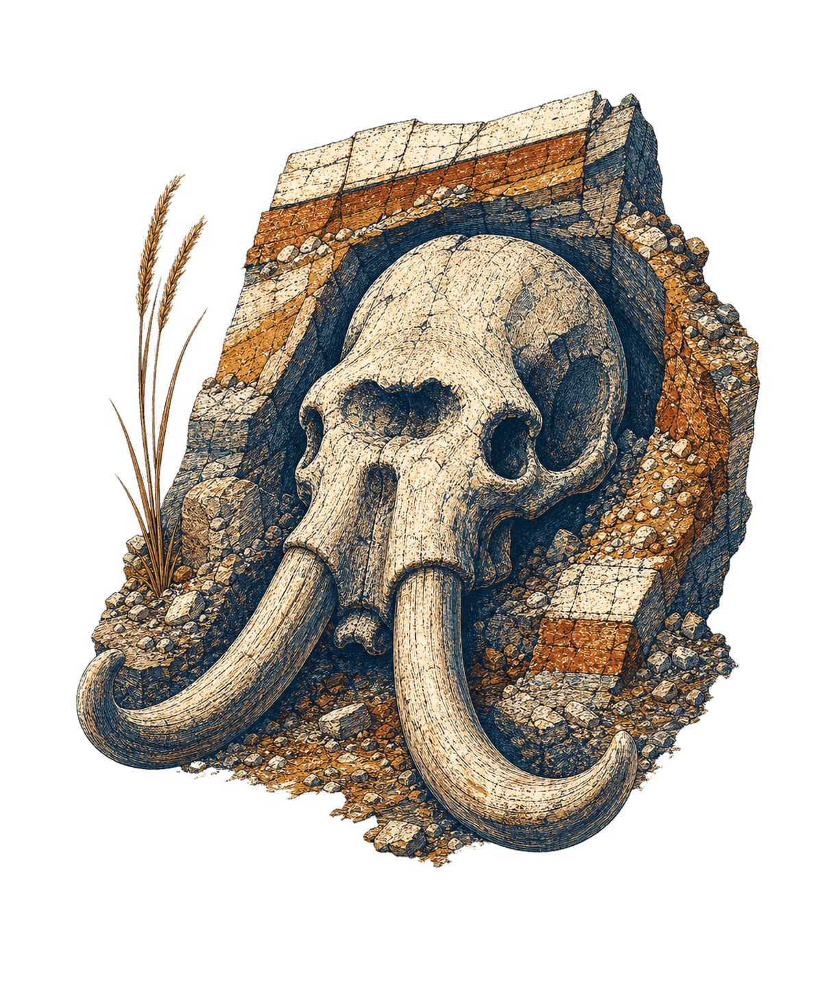American mastodon skull and tusks in an excavation cut