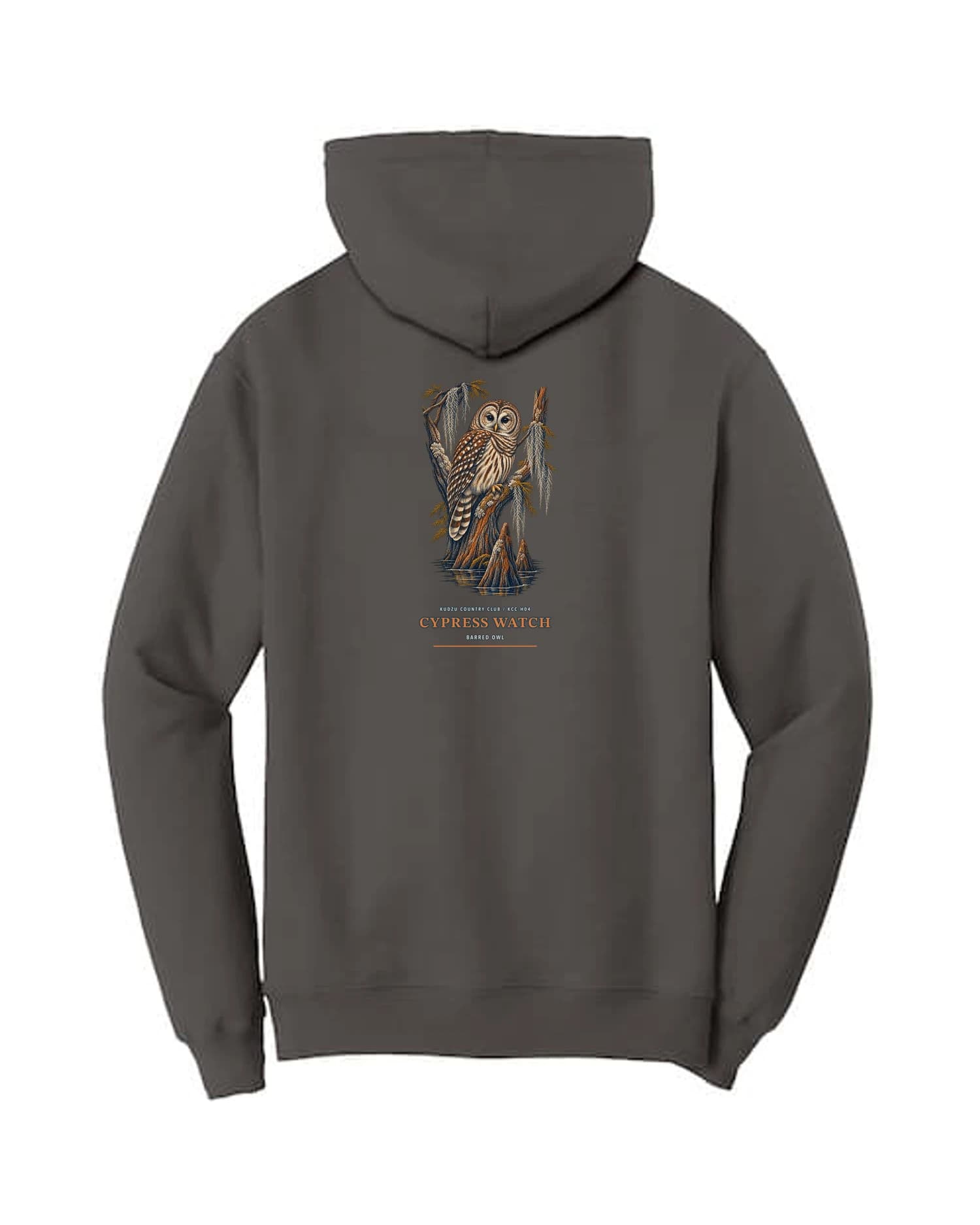 Cypress Watch hoodie in Charcoal, back view