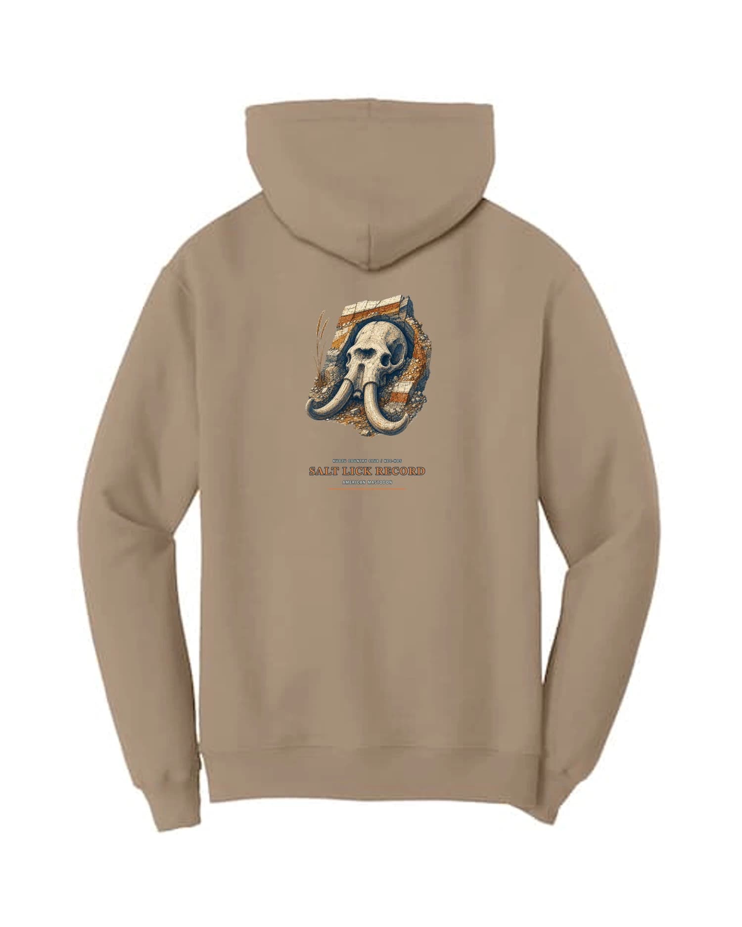 Salt Lick Record hoodie in Sand, back view