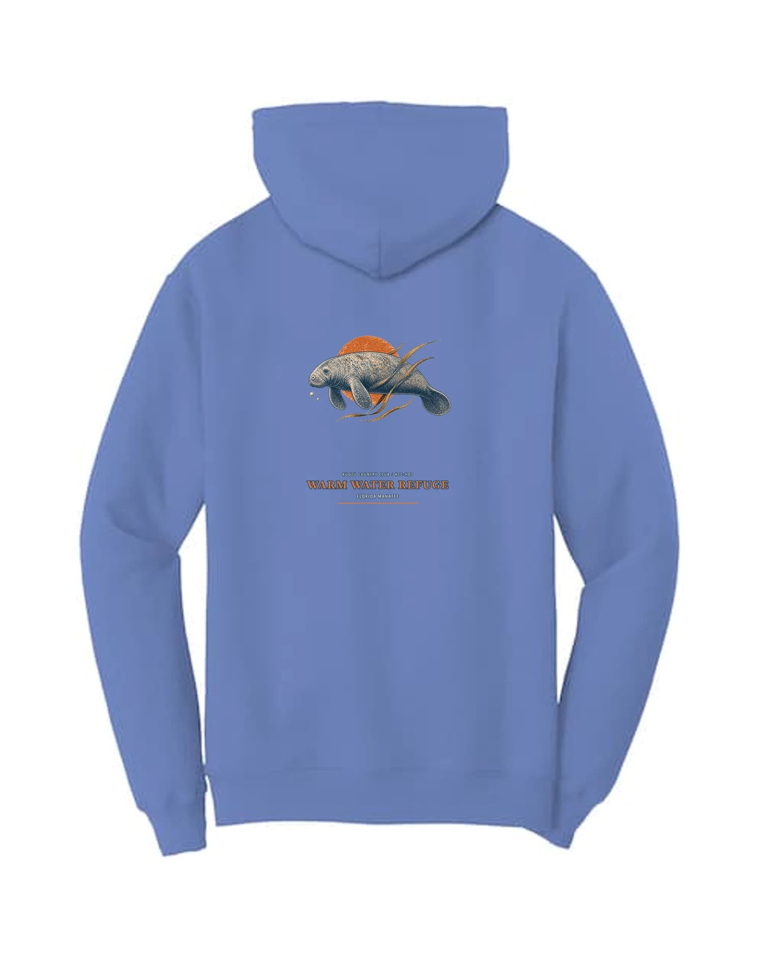 Warm Water Refuge hoodie in Carolina Blue, back view