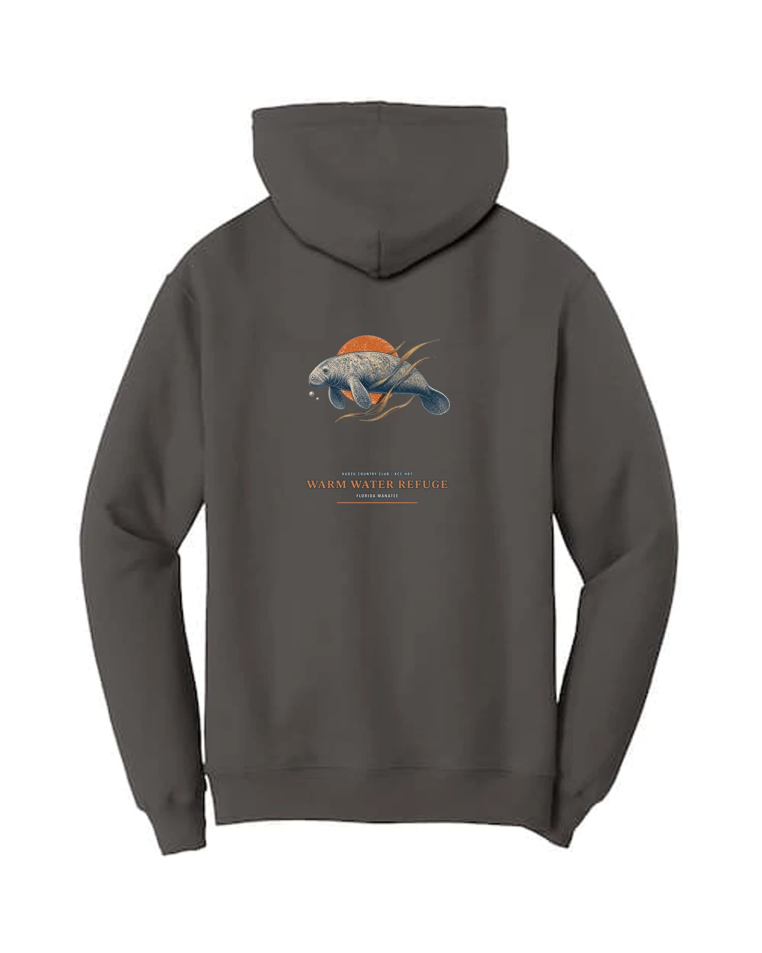 Warm Water Refuge hoodie in Charcoal, back view