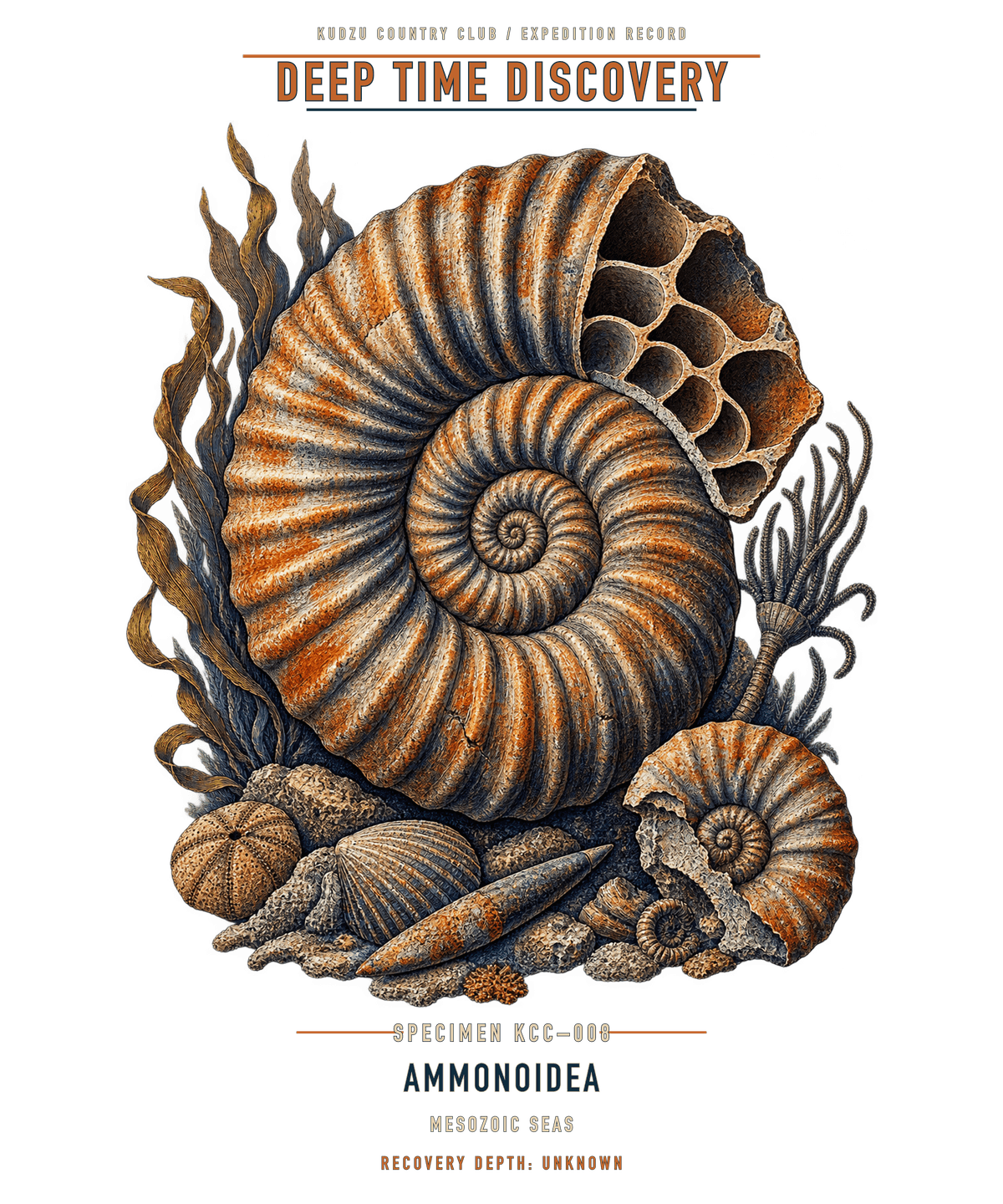 Ammonite fossil illustration with Mesozoic specimen labels and KCC accession number