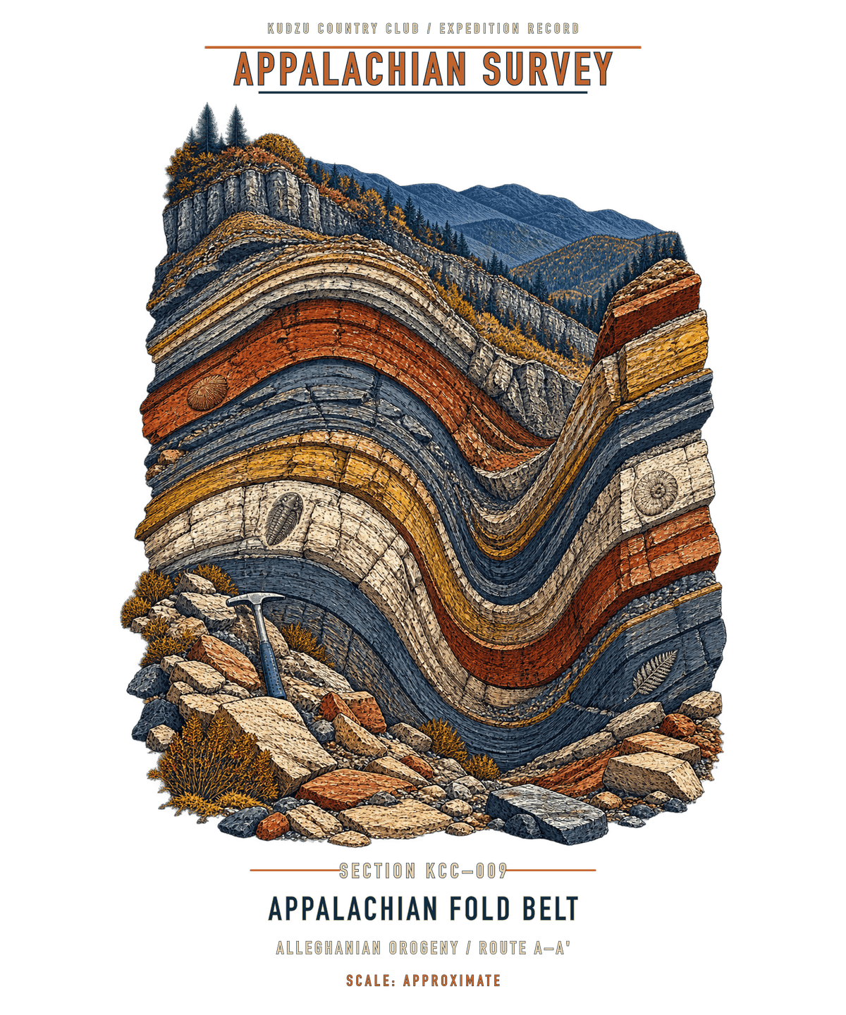Appalachian folded rock strata illustration with geological survey labels