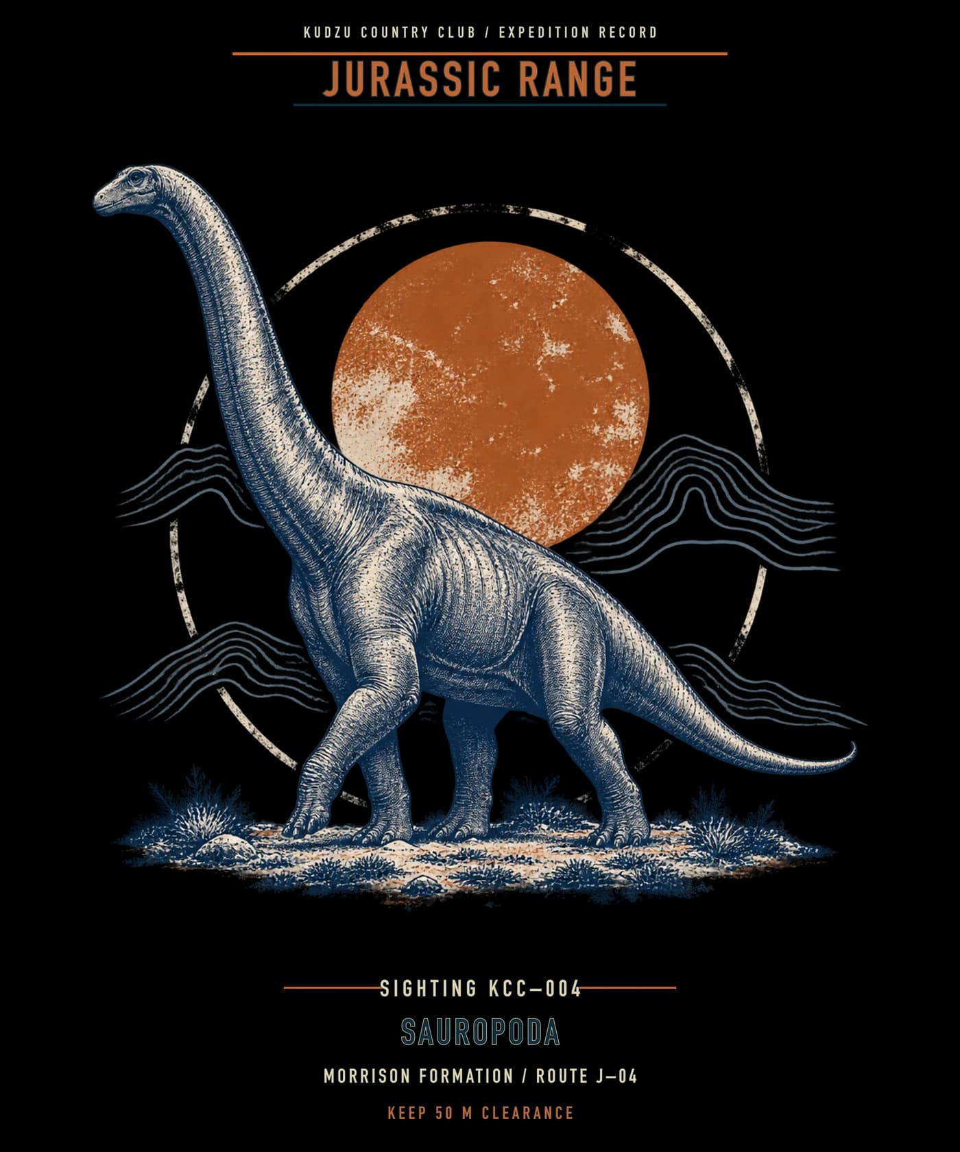 Sauropod illustration with Jurassic route and clearance labels