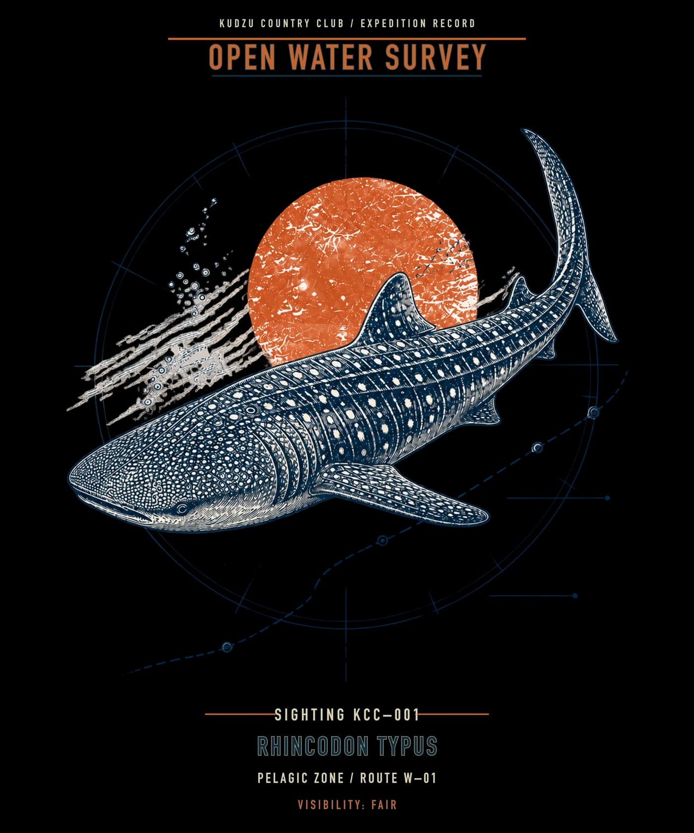 Whale shark illustration with open-water survey labels