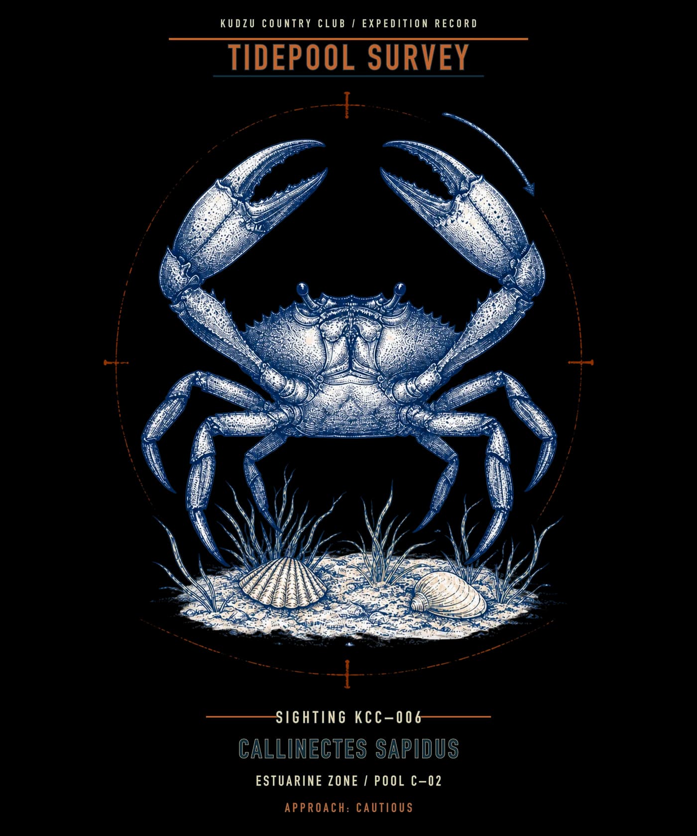 Blue crab illustration with estuarine survey labels
